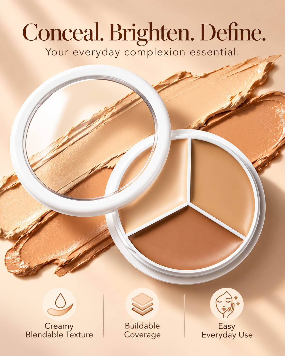 3-in-1 Concealer Cream Palette 15g/0.52 oz – Full Coverage, Brightening & Contouring