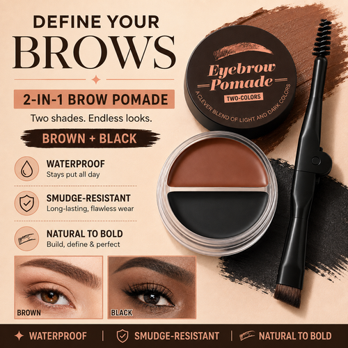 🎉Eyebrow Pomade – Brown & Black Waterproof Brow Cream with Dual-Ended Brush