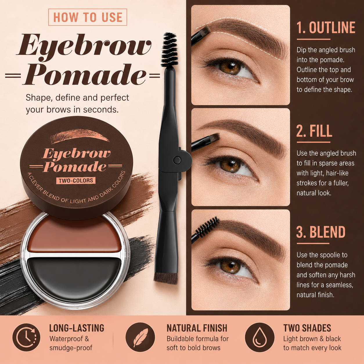 🎉Eyebrow Pomade – Brown & Black Waterproof Brow Cream with Dual-Ended Brush